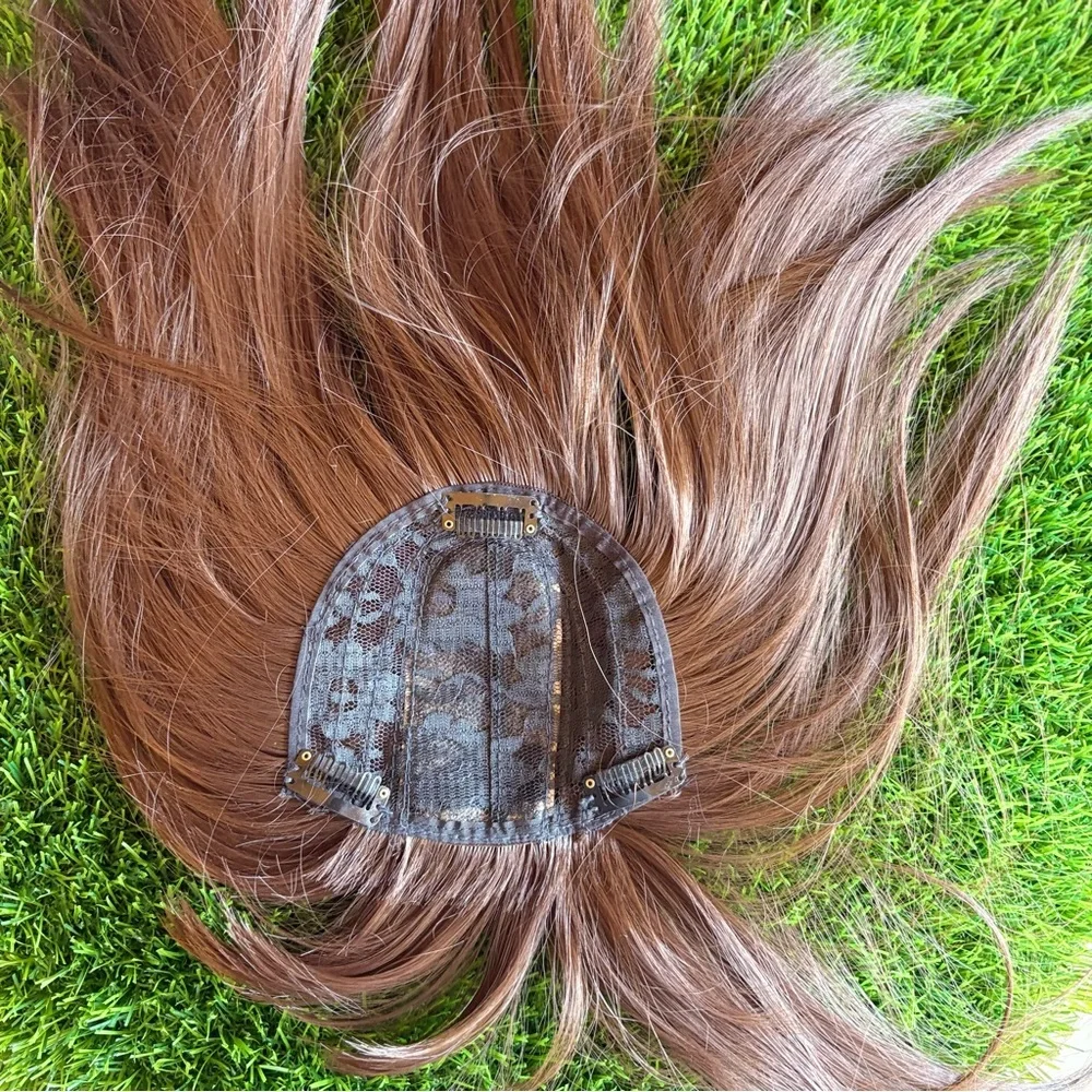HUMAN HAIR TOPPER WIG LONG STRAIGHT BROWN CLIP IN GUC BANGS